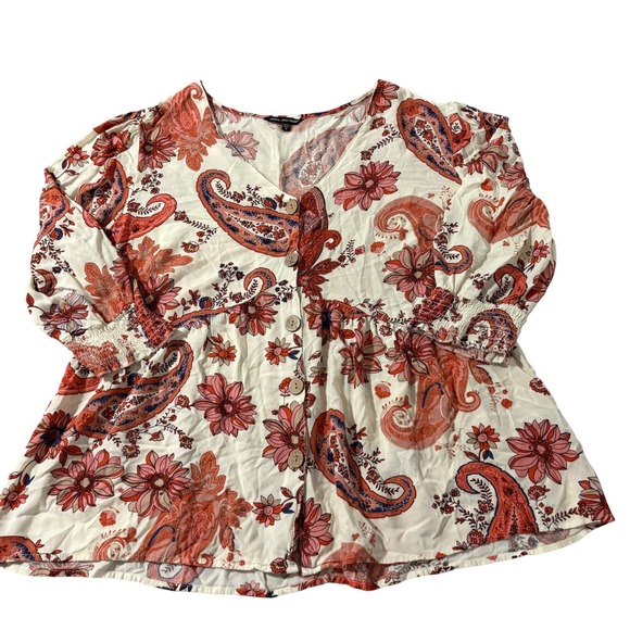 Unique Spectrum Tops - Unique Spectrum Paisley Floral Peplum Blouse 1X Ivory‎ Coral Rayon Button Front